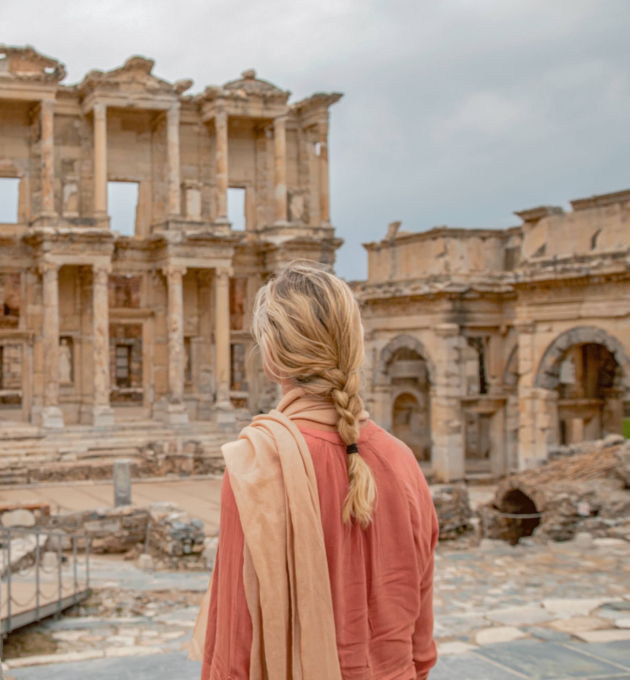 Woman at Library of Celsus, Ephesus, Turkiye