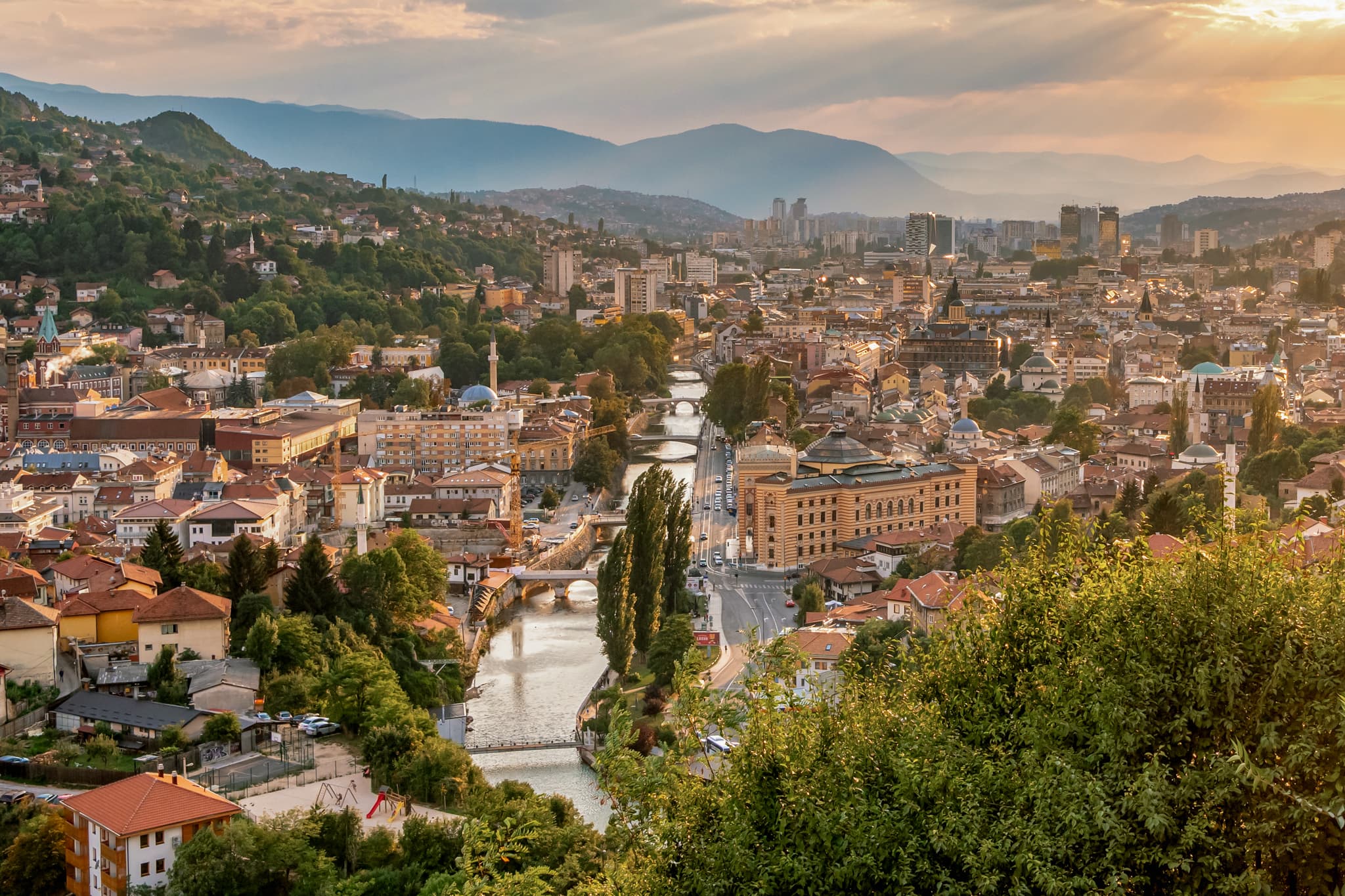 View of the historic centre of Sarajevo at sunset