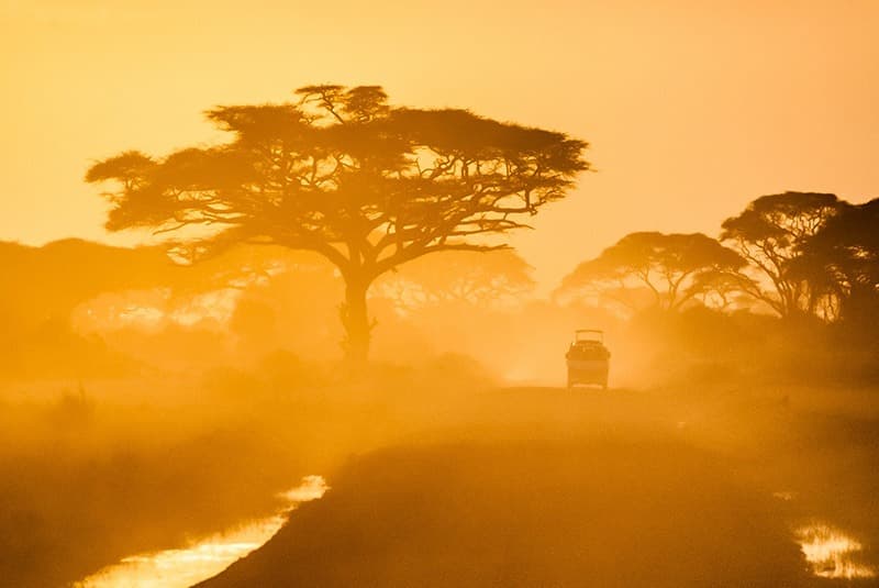 kenya safari vehicle sunset