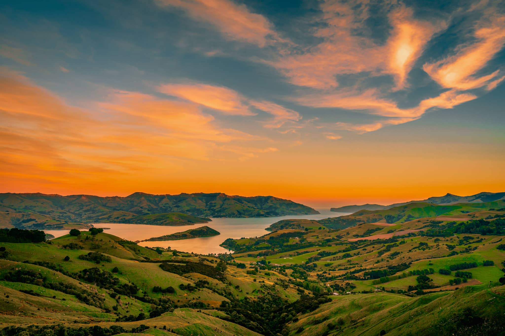 Banks Peninsula, New Zealand at sunset