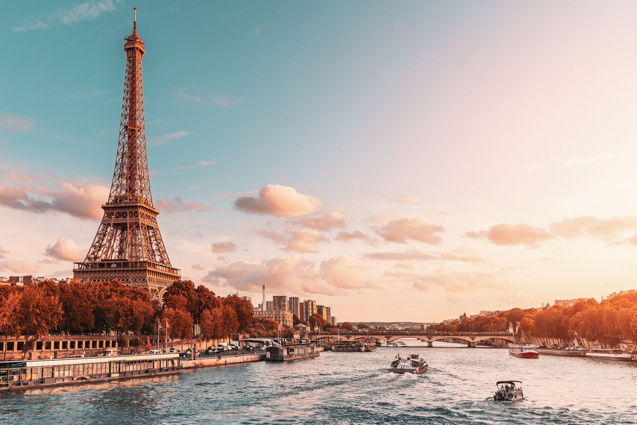 Eiffel Tower, Paris, France on a sunny day overlooking the Seine River