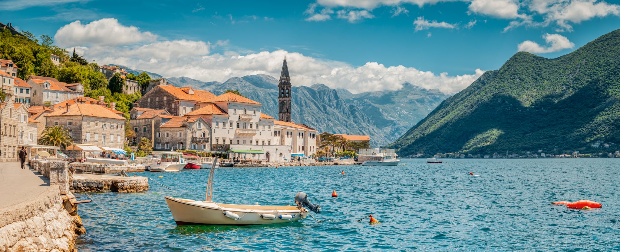 Historic town of Perast at Bay of Kotor in summer, Montenegro