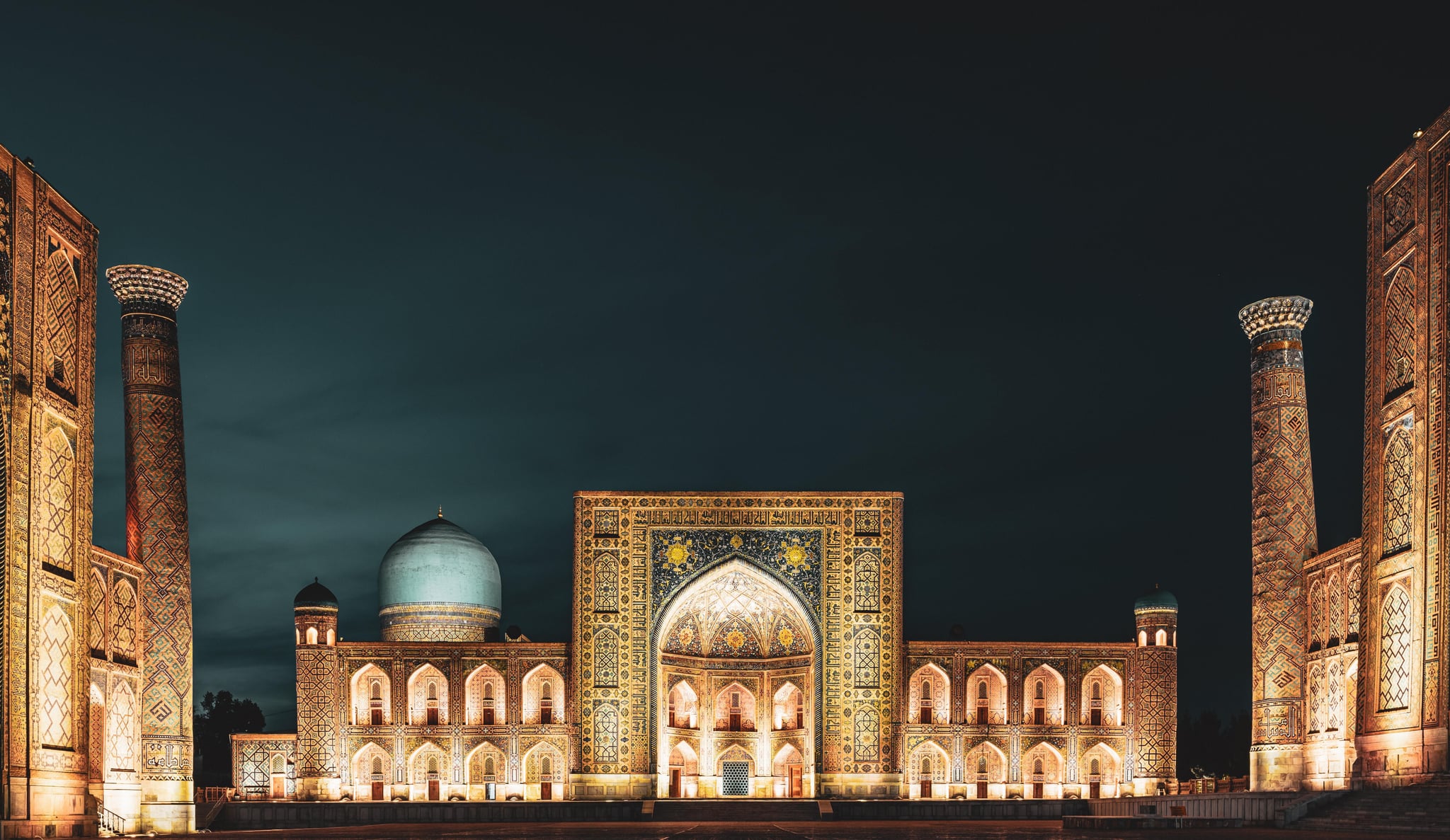 Registan square at dusk - the ancient center of Samarkand, Uzbekistan